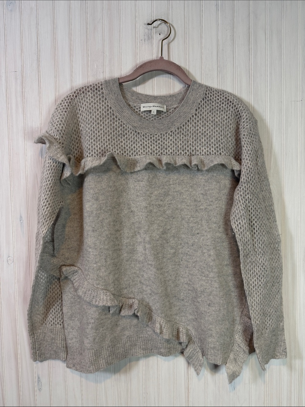 NWT WHITE + WARREN RUFFLE TRIM PULLOVER CASHMERE SWEATER